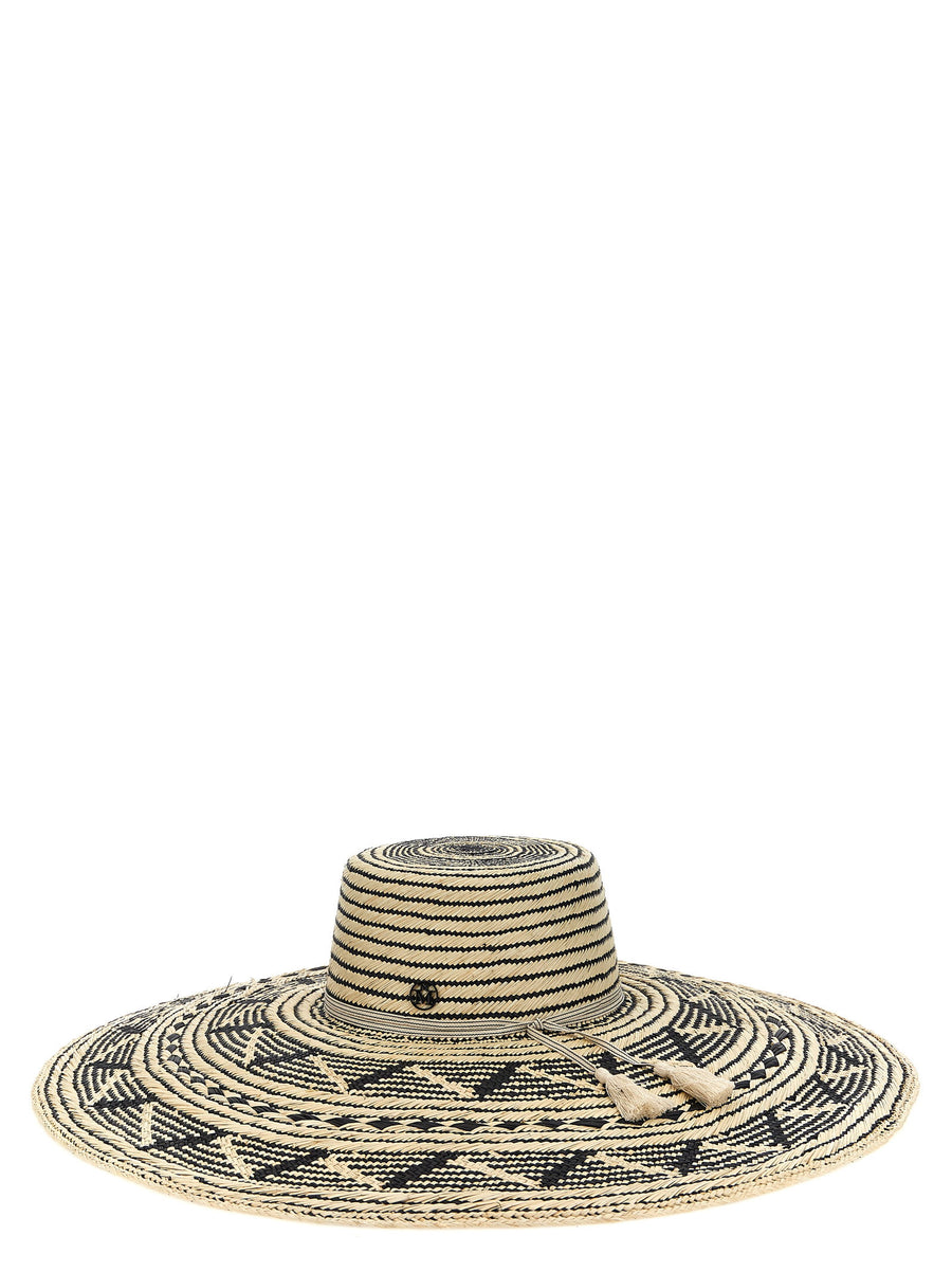 Maison Michel Gina Brisa Straw Wide Brim Hat White Black Graphic Tassels
