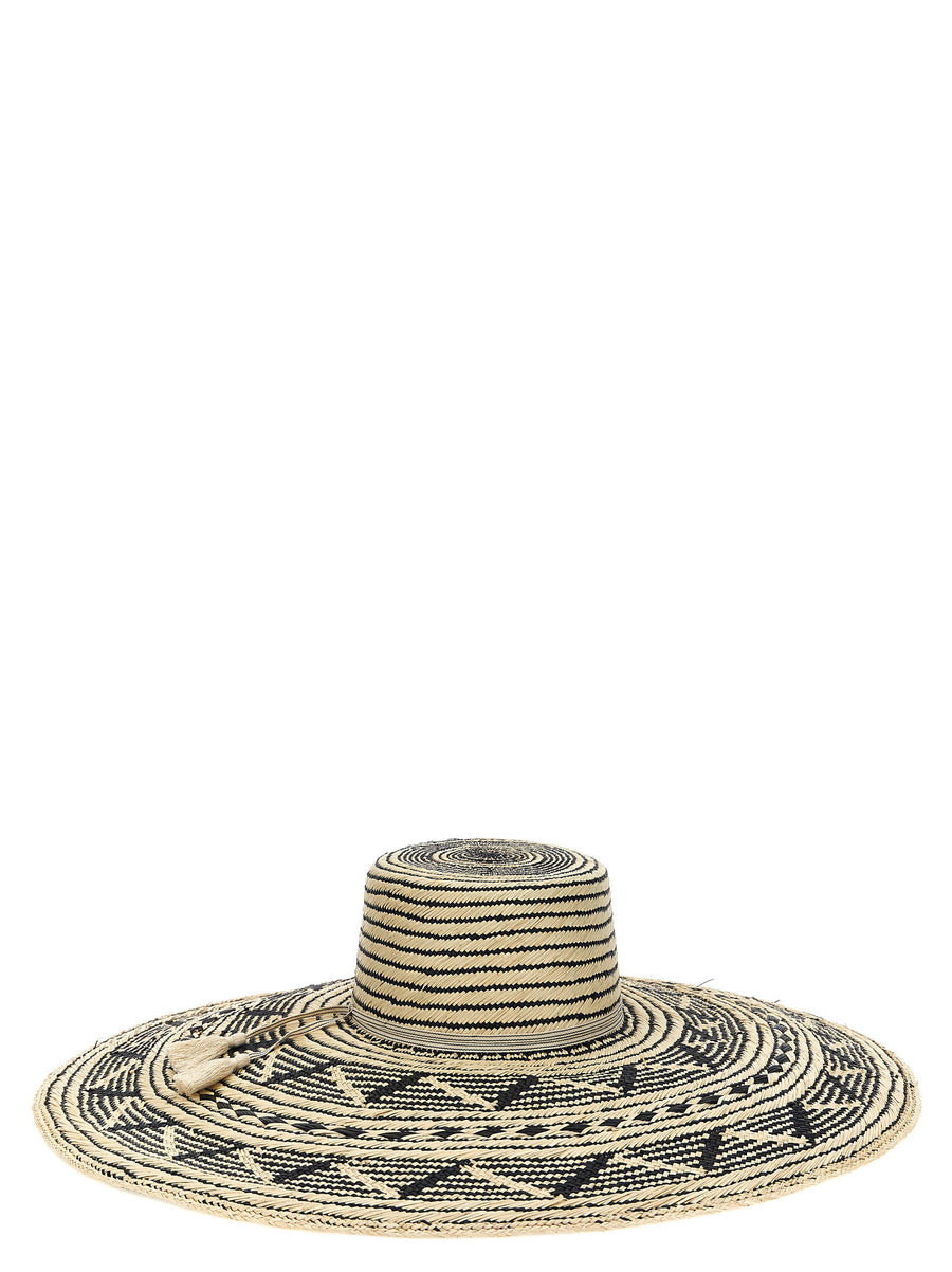 Maison Michel Gina Brisa Straw Wide Brim Hat White Black Graphic Tassels