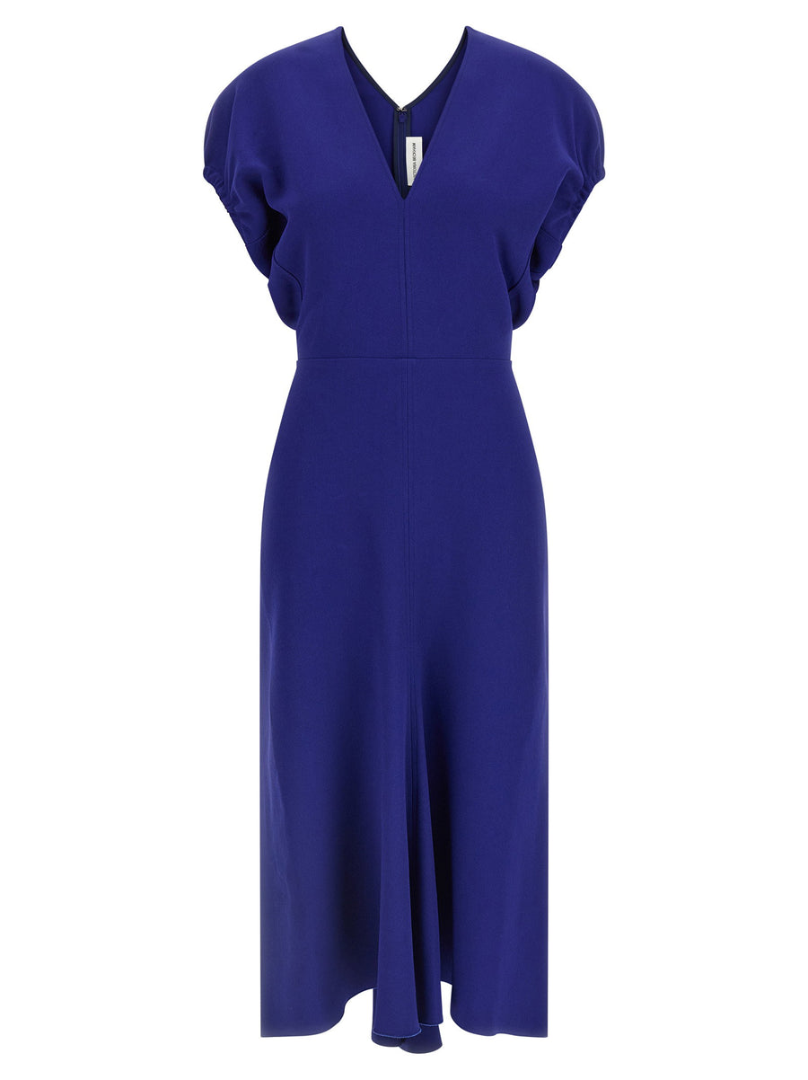 Victoria Beckham Edith Blue Cady Midi Dress With V Neck Front Back
