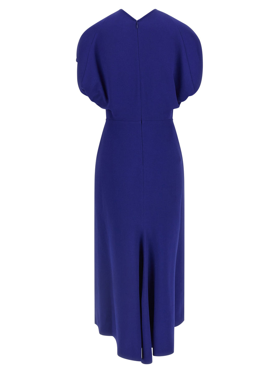 Victoria Beckham Edith Blue Cady Midi Dress With V Neck Front Back