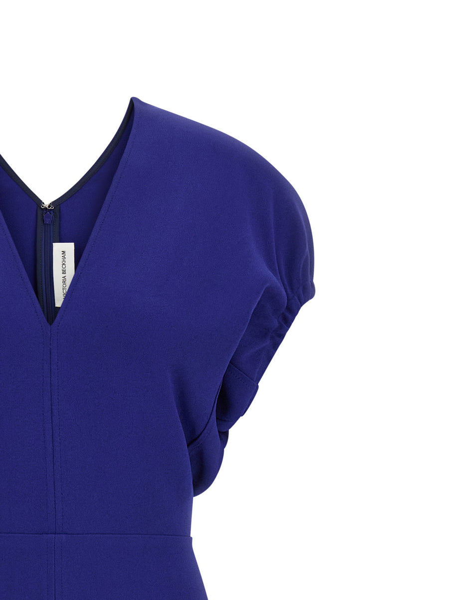 Victoria Beckham Edith Blue Cady Midi Dress With V Neck Front Back