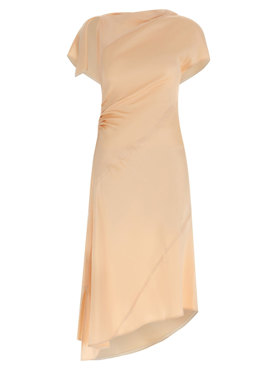 Victoria Beckham Asymmetric Twist Dress For Women In Premium Pink Crepe Satin With Draped Neckline And Back Knot Detail