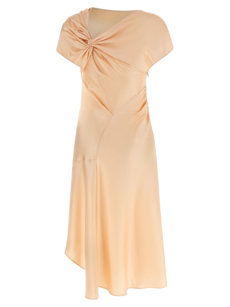 Victoria Beckham Asymmetric Twist Dress For Women In Premium Pink Crepe Satin With Draped Neckline And Back Knot Detail