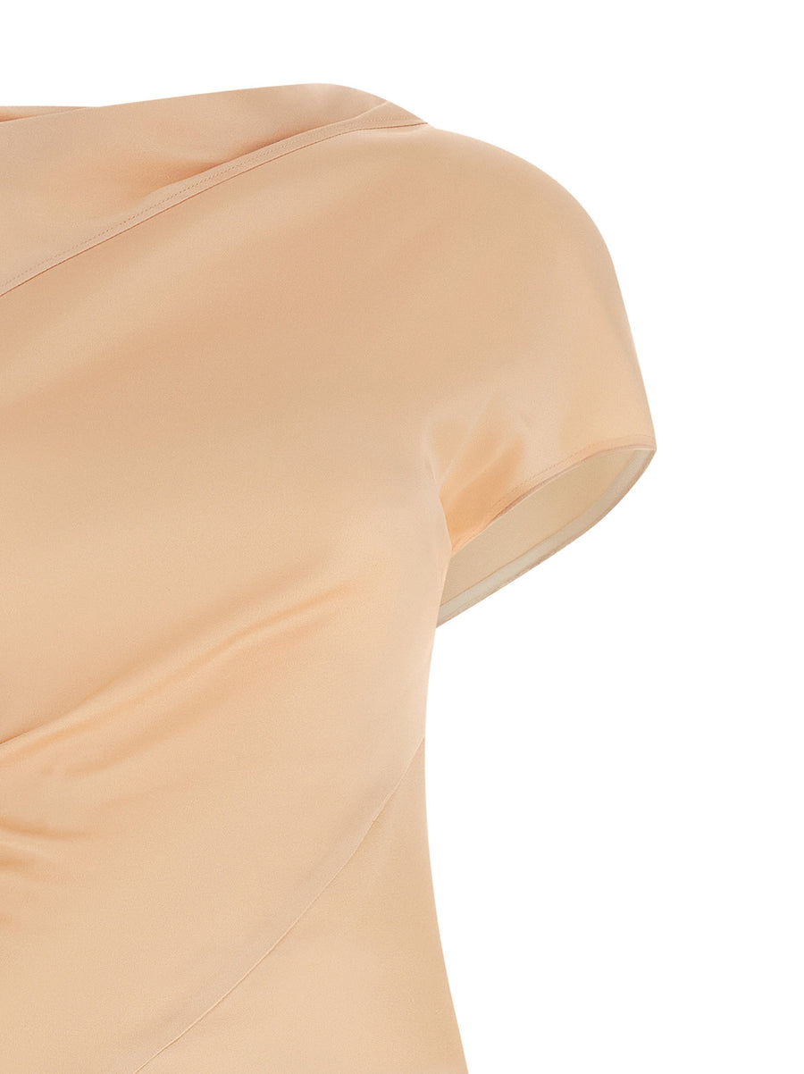 Victoria Beckham Asymmetric Twist Dress For Women In Premium Pink Crepe Satin With Draped Neckline And Back Knot Detail