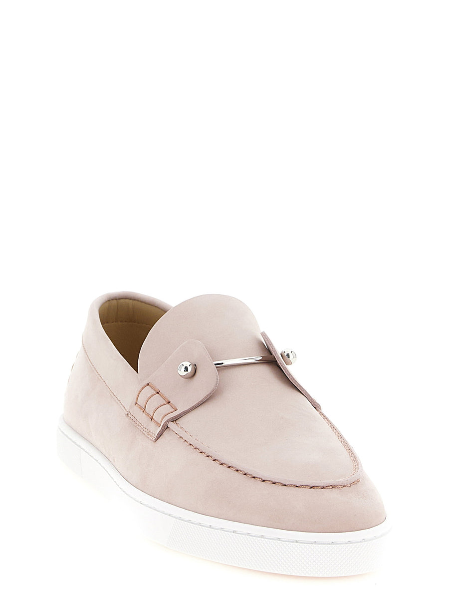 Christian Louboutin Chambeliboat Pink Moccasins Metal Detail Nubuck Leather