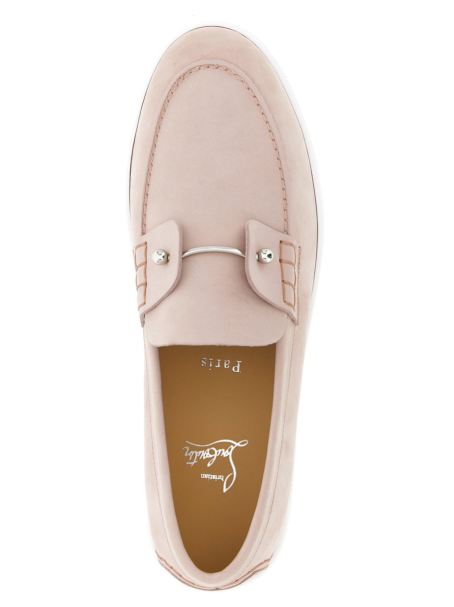 Christian Louboutin Chambeliboat Pink Moccasins Metal Detail Nubuck Leather