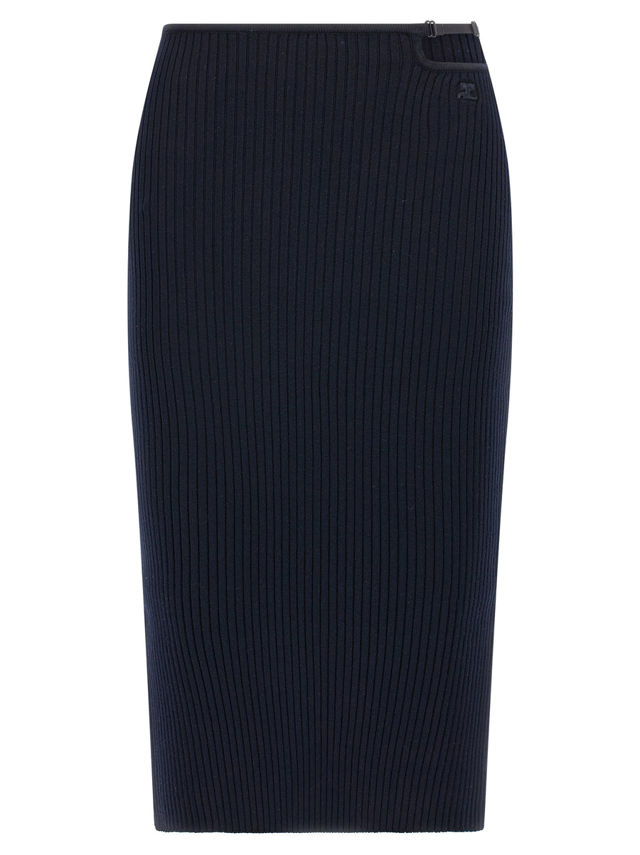 Courreges Loop Rib Knit Midi Modern Skirt For Women Blue With Adjustable Waist Cutout