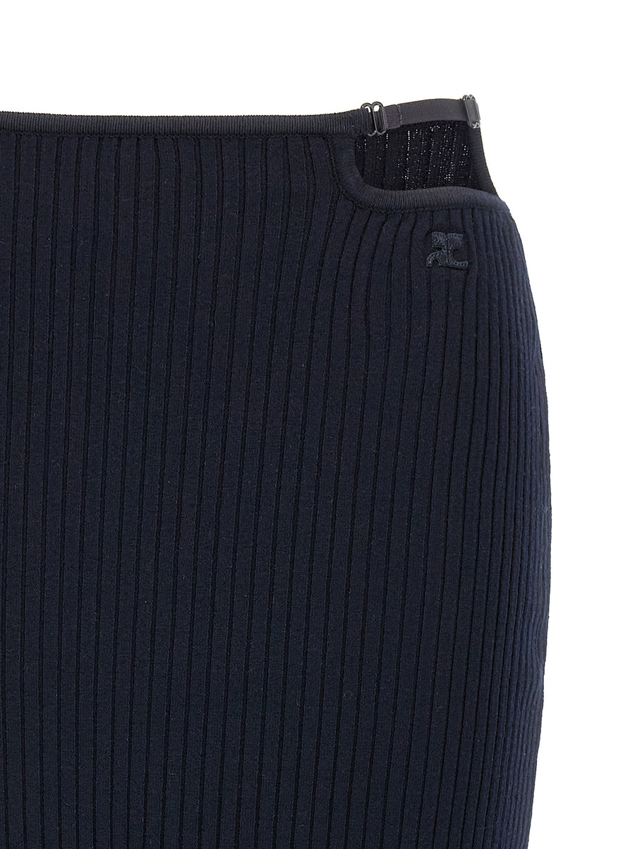Courreges Loop Rib Knit Midi Modern Skirt For Women Blue With Adjustable Waist Cutout