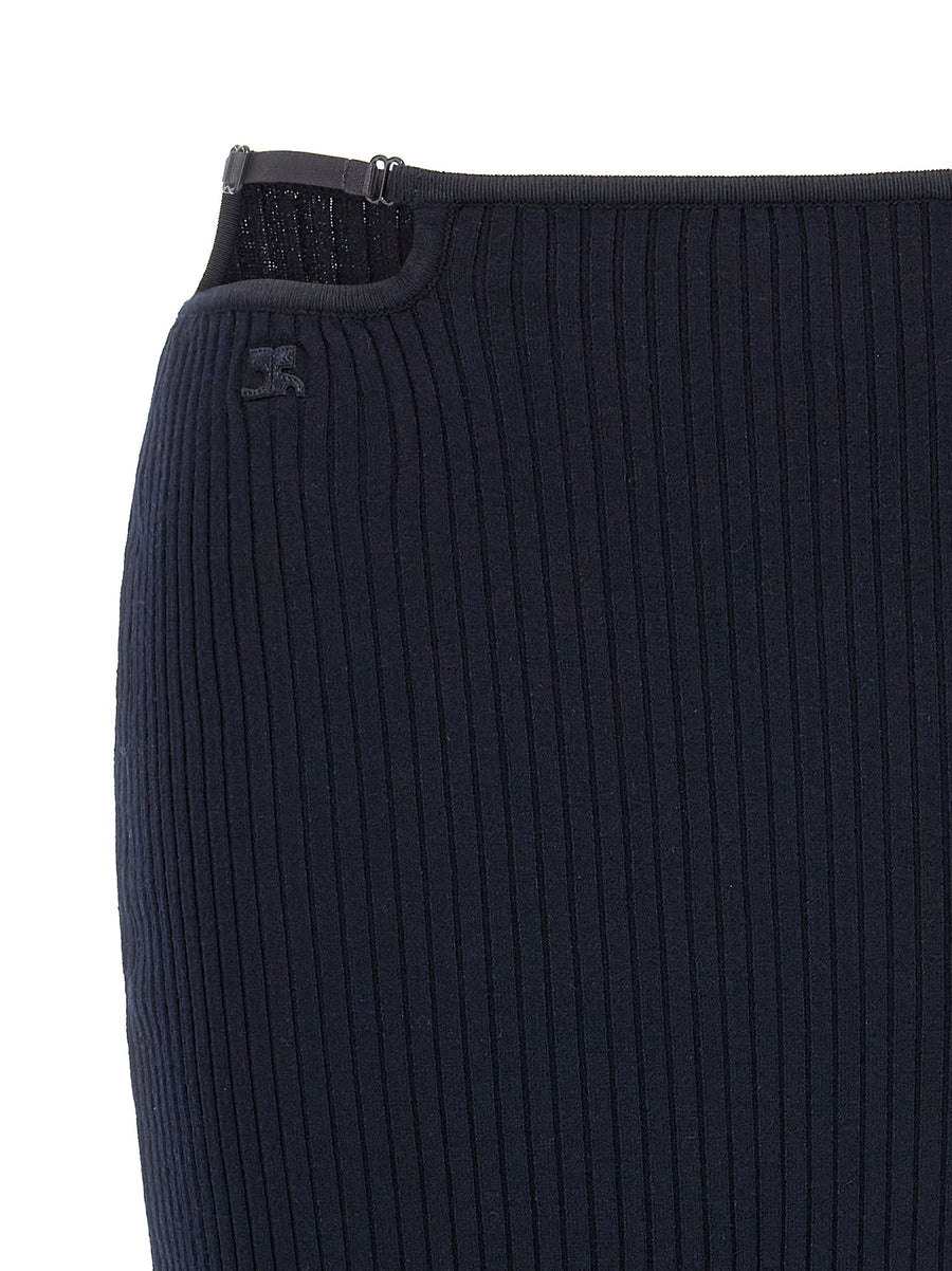 Courreges Loop Rib Knit Midi Modern Skirt For Women Blue With Adjustable Waist Cutout