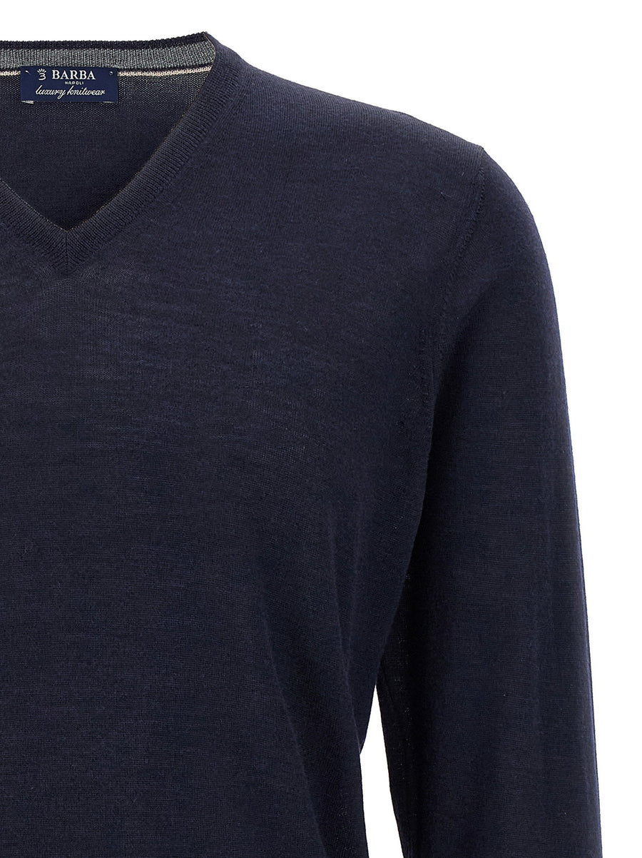 Barba 70% Wool 30% Silk Blue V Neck Sweater For Women Luxury Topwear