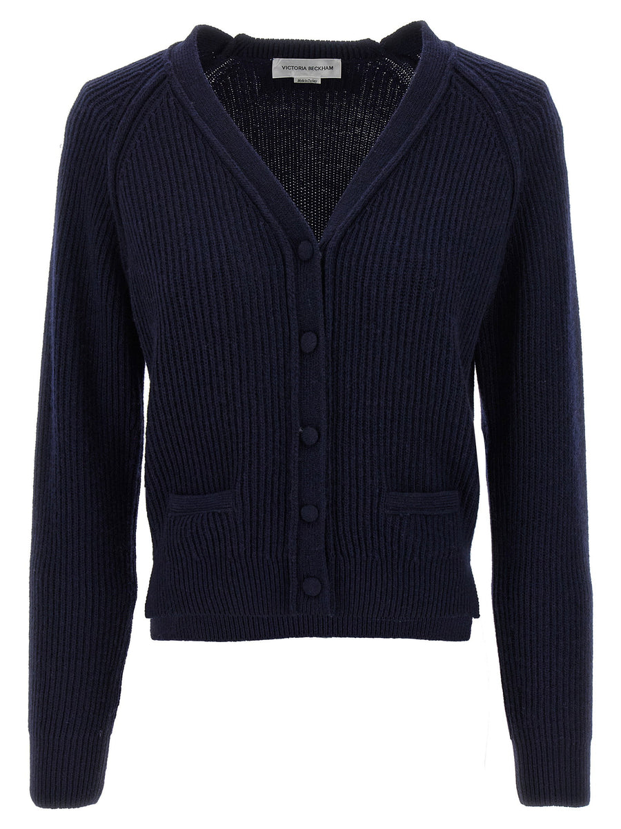 Victoria Beckham Stepped Hem Cardigan for Women Luxurious Blue Cashmere Blend V Neck Front Pockets