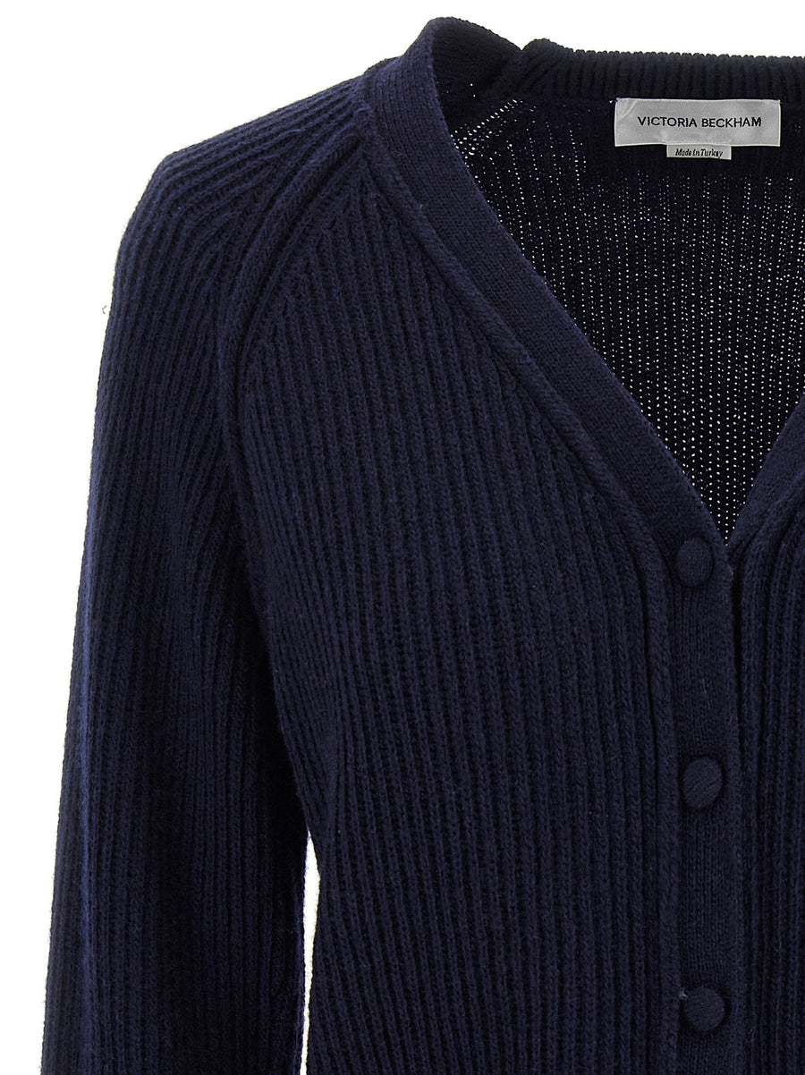 Victoria Beckham Stepped Hem Cardigan for Women Luxurious Blue Cashmere Blend V Neck Front Pockets