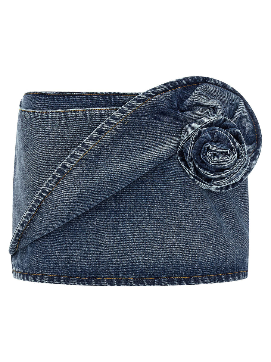 Magda Butrym Denim 12 Mini Skirt Draped Floral Detail Blue Cotton