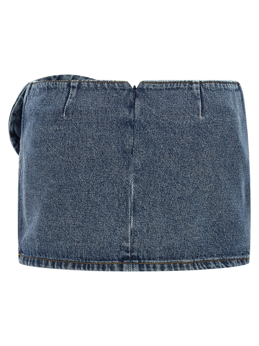 Magda Butrym Denim 12 Mini Skirt Draped Floral Detail Blue Cotton