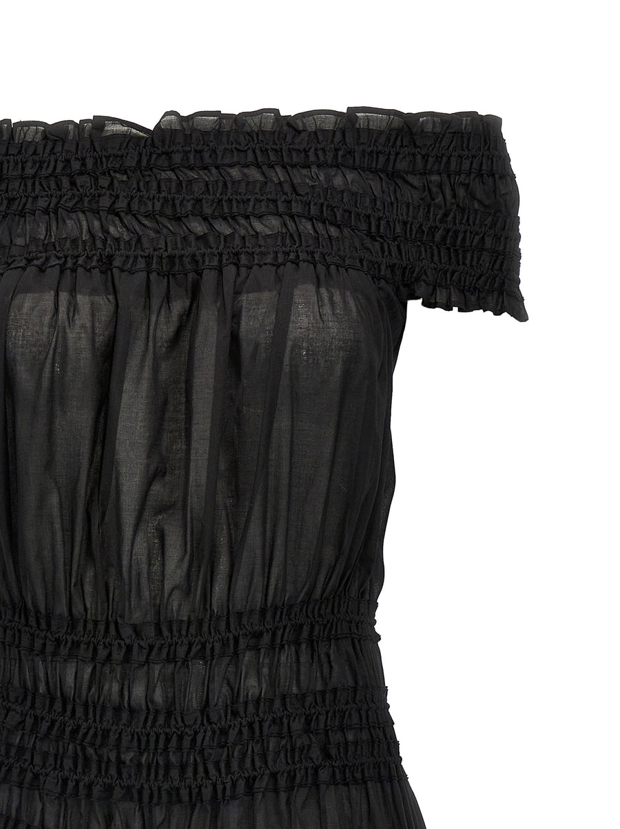 Tory Burch Smocked Cotton Dress Off Shoulder Black for Women Elegant Everyday Wear