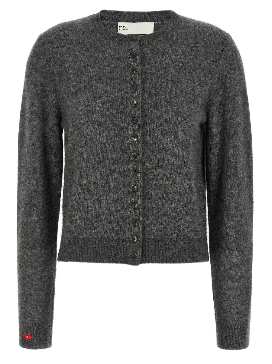Tory Burch Gray Embroidered Cashmere Silk Cardigan with Cuff Embroidery