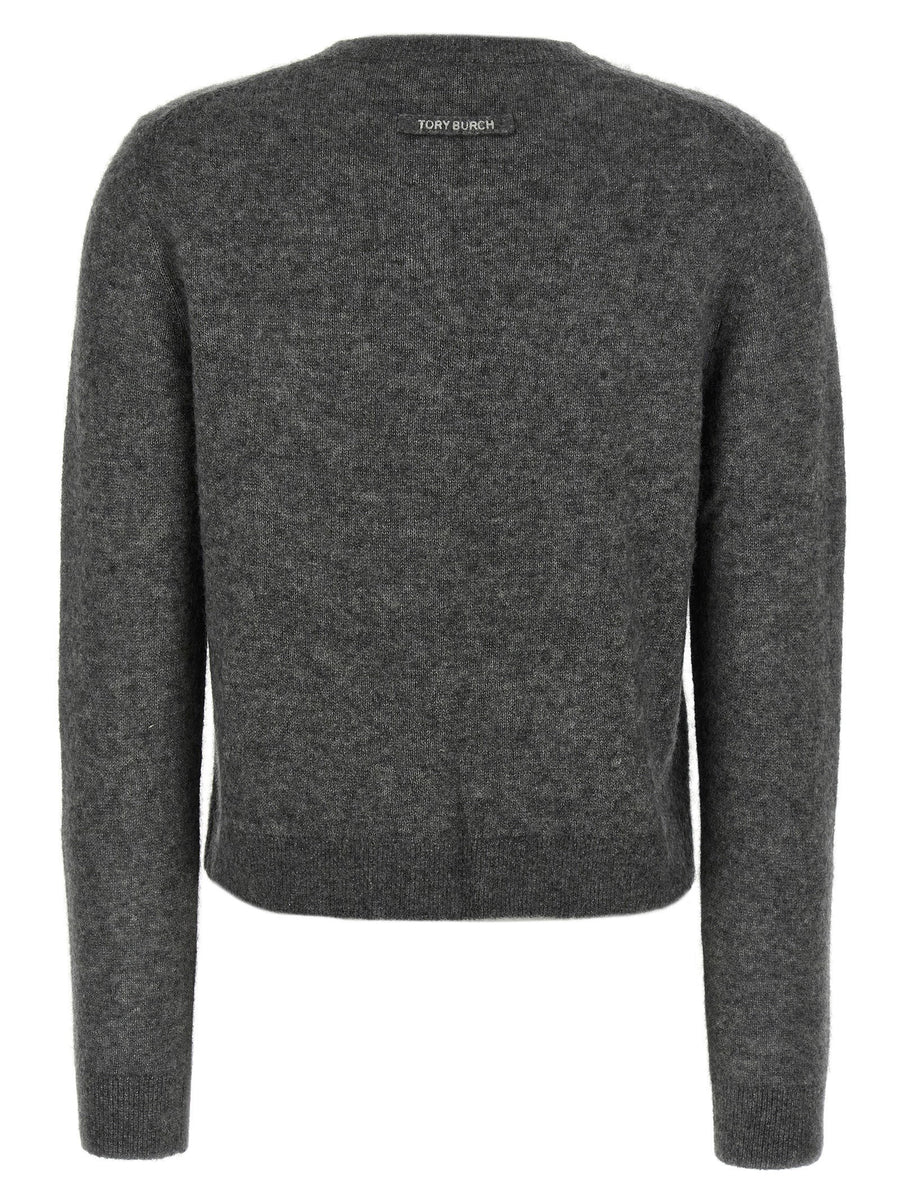 Tory Burch Gray Embroidered Cashmere Silk Cardigan with Cuff Embroidery