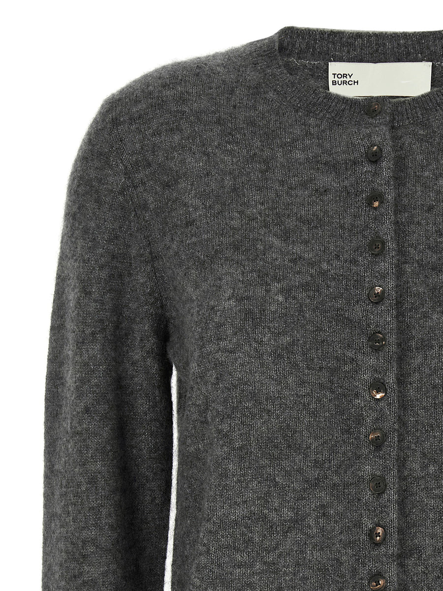Tory Burch Gray Embroidered Cashmere Silk Cardigan with Cuff Embroidery