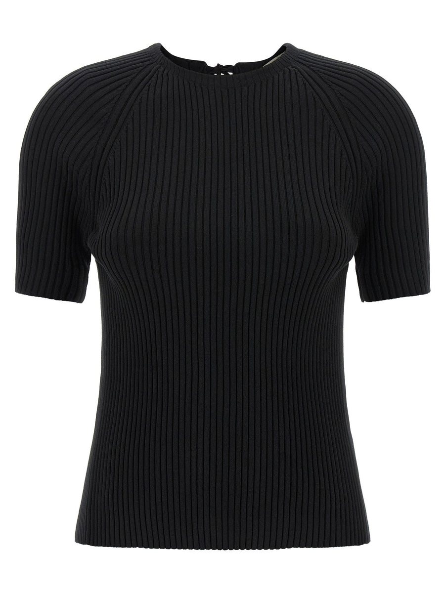 Tory Burch Black Back Closure Knit Sweater For Women Luxe Ribbed Cotton Blend Layering Top