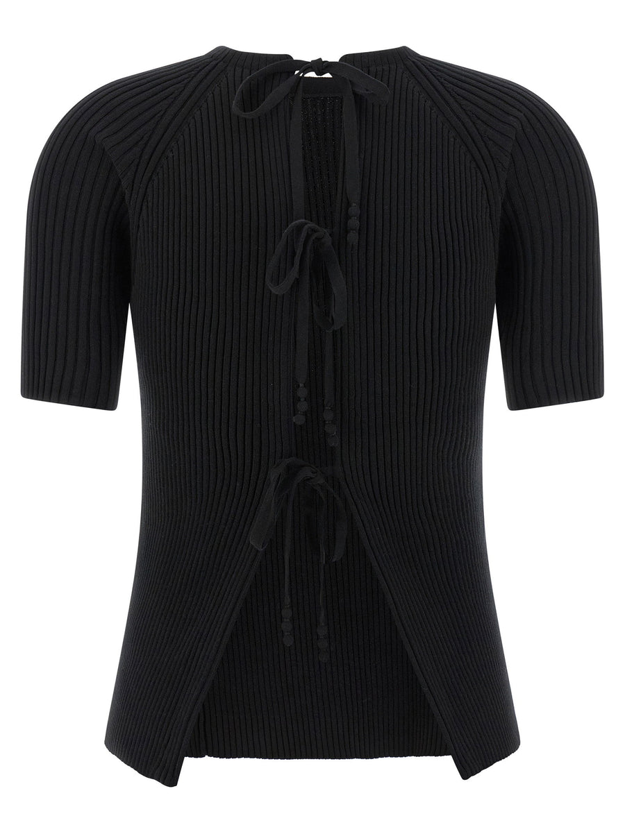 Tory Burch Black Back Closure Knit Sweater For Women Luxe Ribbed Cotton Blend Layering Top