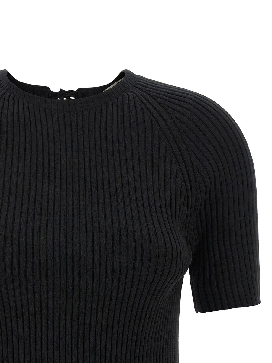 Tory Burch Black Back Closure Knit Sweater For Women Luxe Ribbed Cotton Blend Layering Top