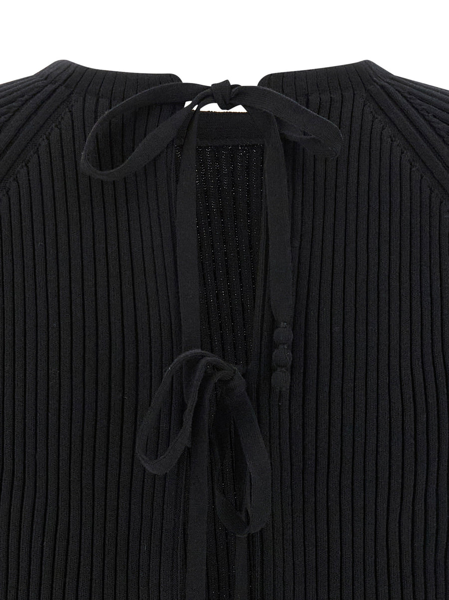 Tory Burch Black Back Closure Knit Sweater For Women Luxe Ribbed Cotton Blend Layering Top