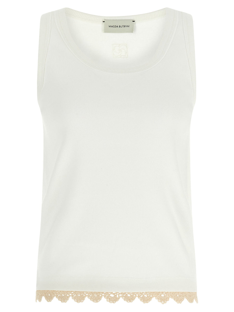 Magda Butrym Pf 25 Top 01 Top Luxurious White Ribbed Cotton Stretch Top With Crochet Hem For Women