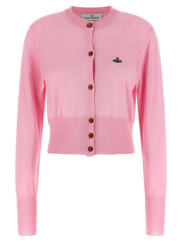 Vivienne Westwood Bea Cardigan Pink Wool Silk Blend Cropped With Orb Embroidery For Women Elegant Luxury