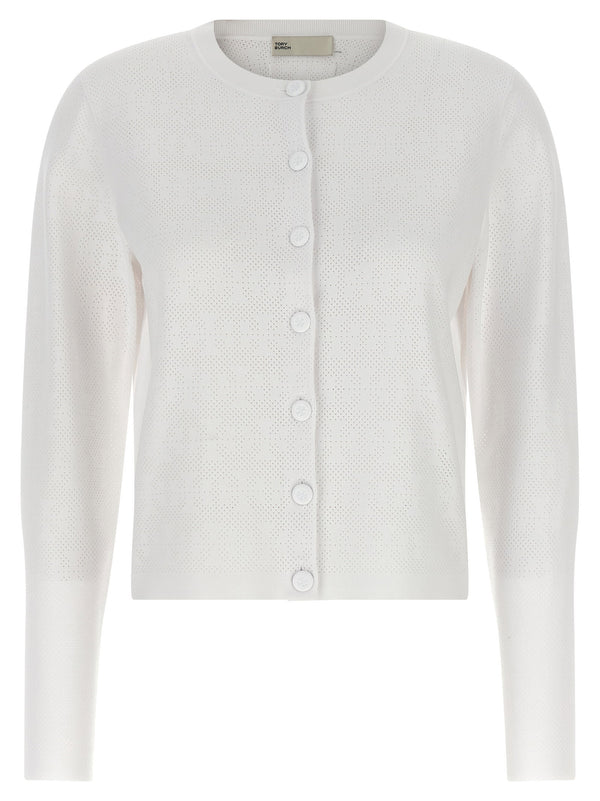 Tory Burch Pointelle Viscose Cardigan For Women Luxurious Stretch Knit With Front Button Closure