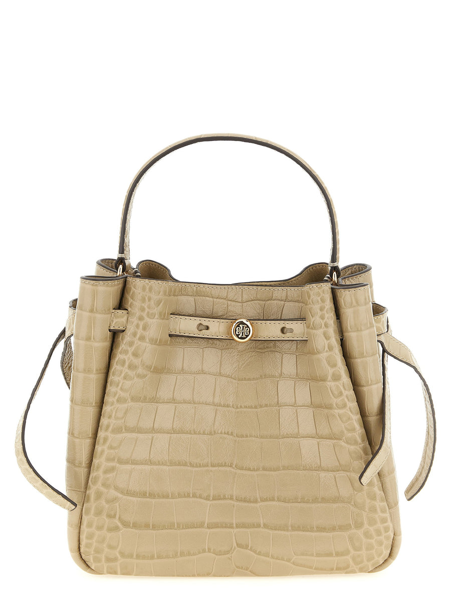Tory Burch Romy Small Bucket Bag Beige Cowhide Crocodile Print Shoulder Bag