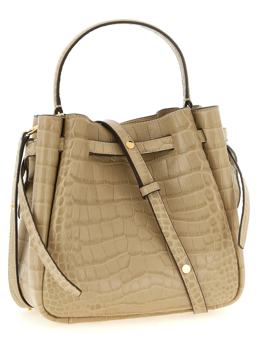 Tory Burch Romy Small Bucket Bag Beige Cowhide Crocodile Print Shoulder Bag