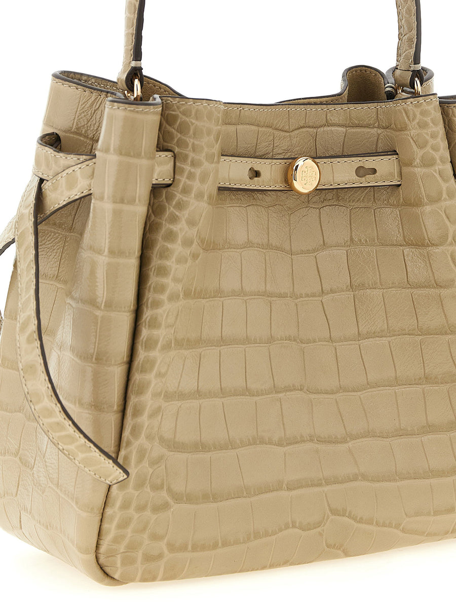 Tory Burch Romy Small Bucket Bag Beige Cowhide Crocodile Print Shoulder Bag
