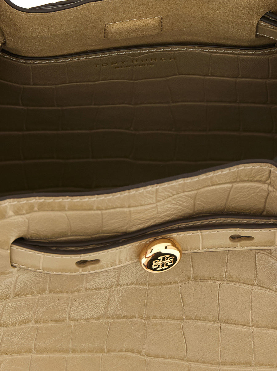 Tory Burch Romy Small Bucket Bag Beige Cowhide Crocodile Print Shoulder Bag