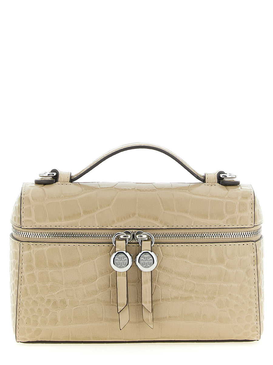 Tory Burch Romy Slim Leather Shoulder Bag Beige Crocodile Print