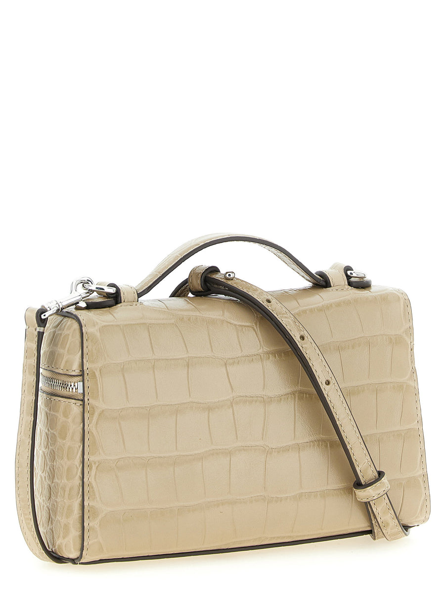 Tory Burch Romy Slim Leather Shoulder Bag Beige Crocodile Print
