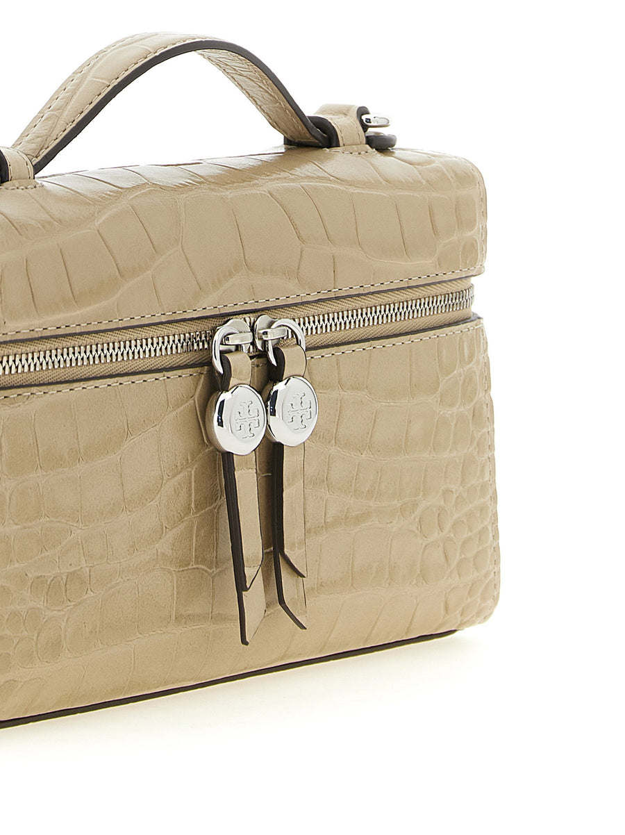 Tory Burch Romy Slim Leather Shoulder Bag Beige Crocodile Print