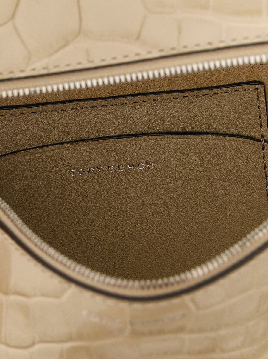 Tory Burch Romy Slim Leather Shoulder Bag Beige Crocodile Print