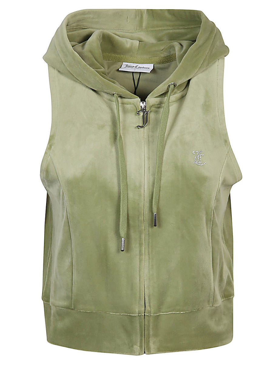 Juicy Couture Gilly Logo Velour Gilet For Women Luxurious Hooded Layering Vest Green