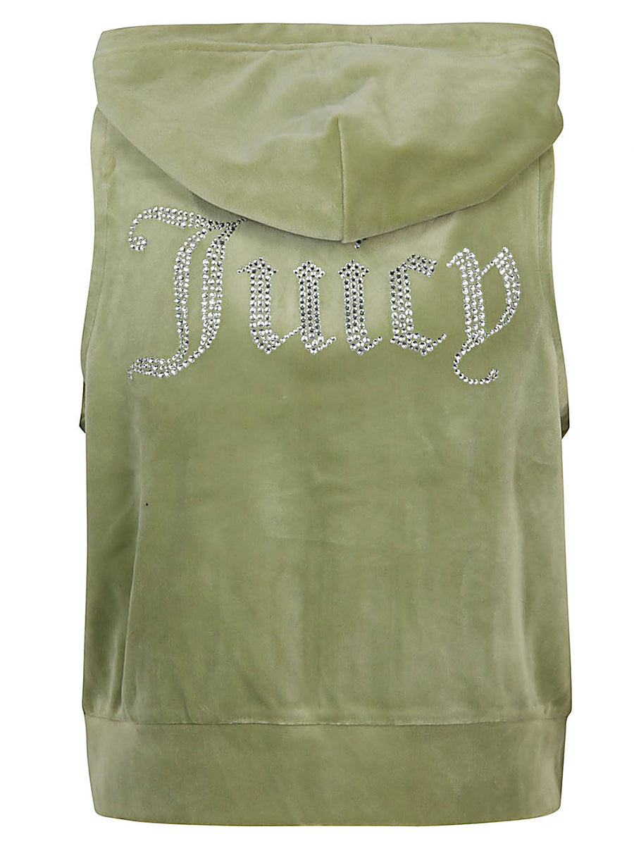 Juicy Couture Gilly Logo Velour Gilet For Women Luxurious Hooded Layering Vest Green