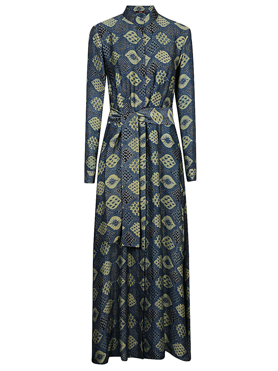 Obidi Hand Printed Silk Dress For Women Navy Front Button Waist Belt Timeless Style