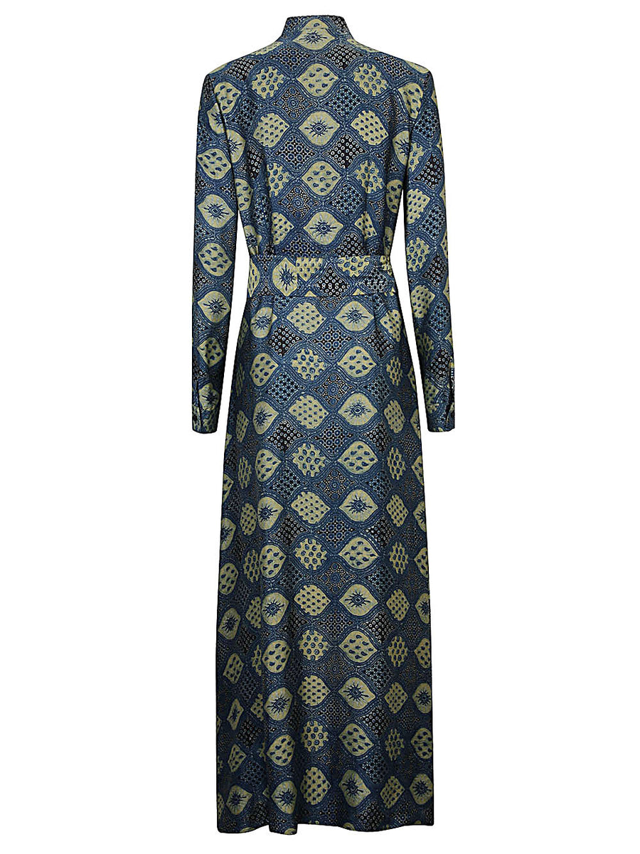 Obidi Hand Printed Silk Dress For Women Navy Front Button Waist Belt Timeless Style