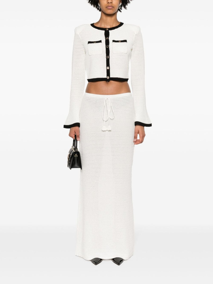 Self-Portrait Cropped Pointelle Knit Cardigan White with Black Rib Trim for Women Textured Luxe Layering