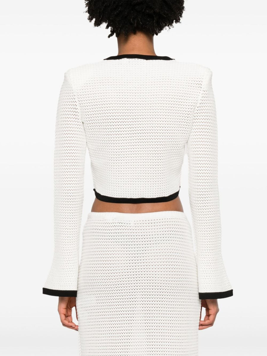 Self-Portrait Cropped Pointelle Knit Cardigan White with Black Rib Trim for Women Textured Luxe Layering