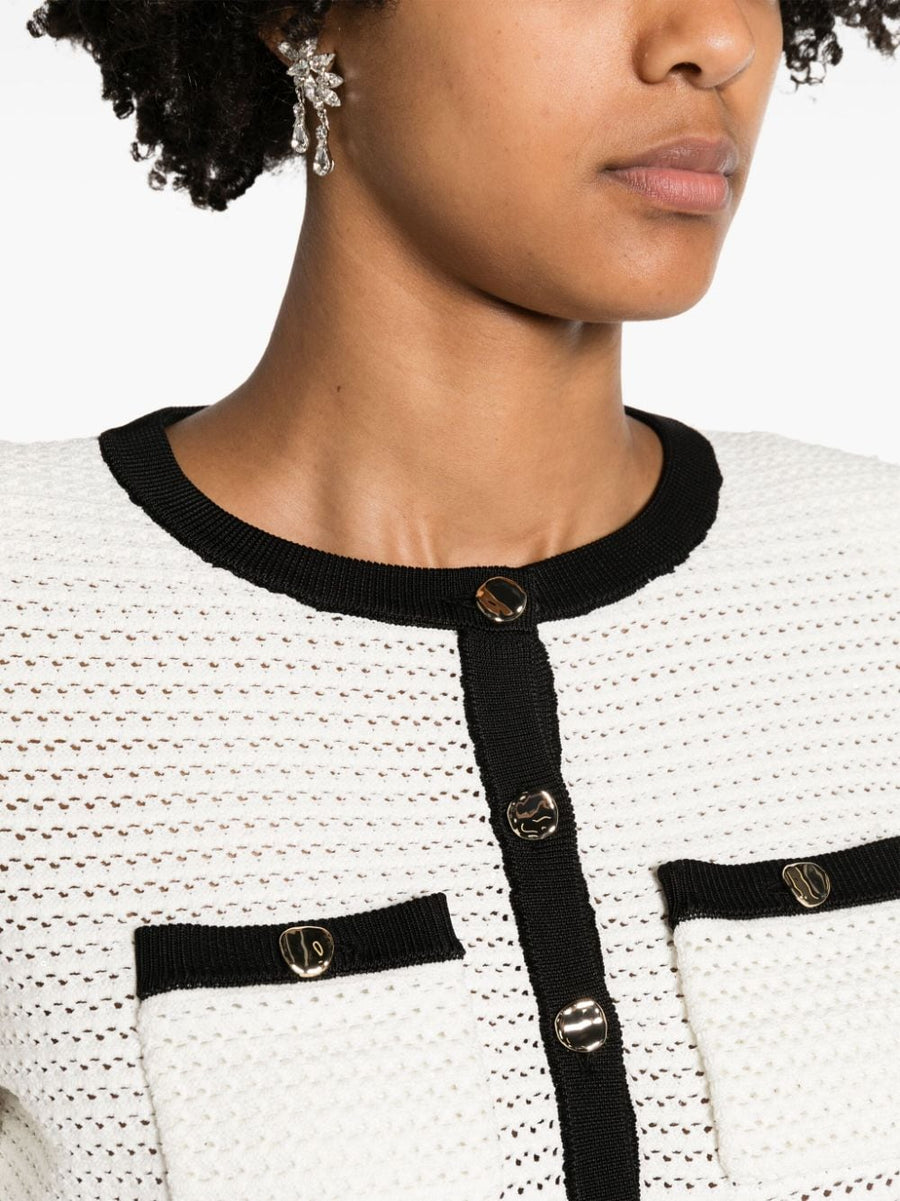 Self-Portrait Cropped Pointelle Knit Cardigan White with Black Rib Trim for Women Textured Luxe Layering