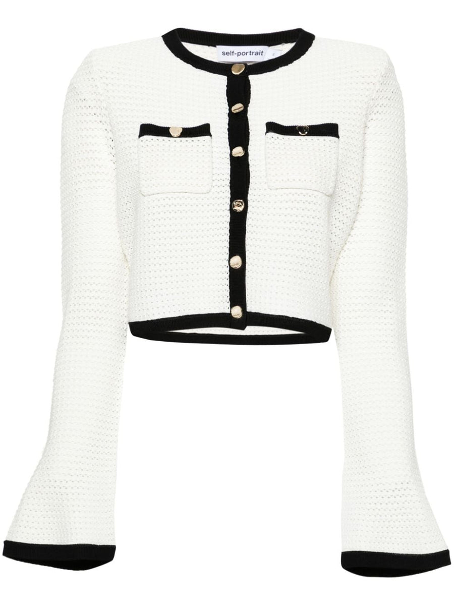 Self-Portrait Cropped Pointelle Knit Cardigan White with Black Rib Trim for Women Textured Luxe Layering