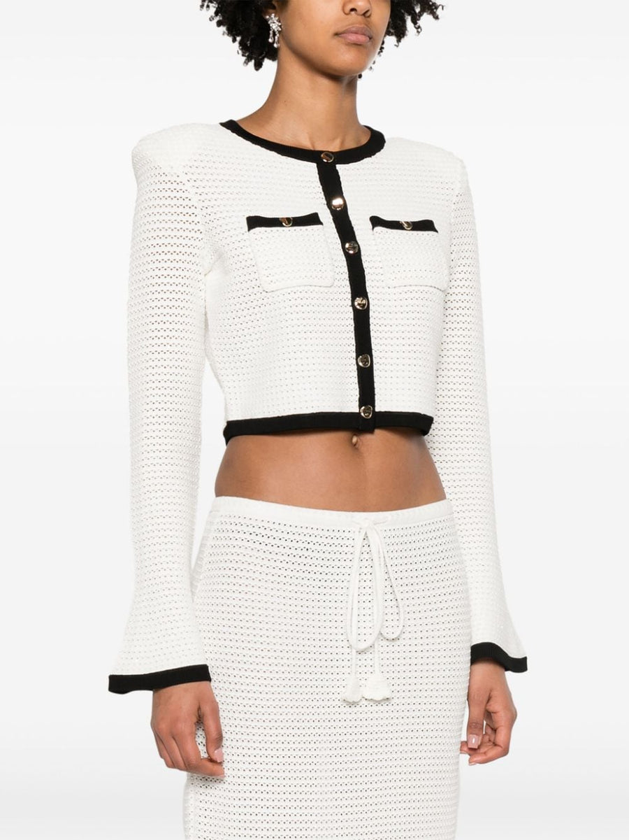 Self-Portrait Cropped Pointelle Knit Cardigan White with Black Rib Trim for Women Textured Luxe Layering