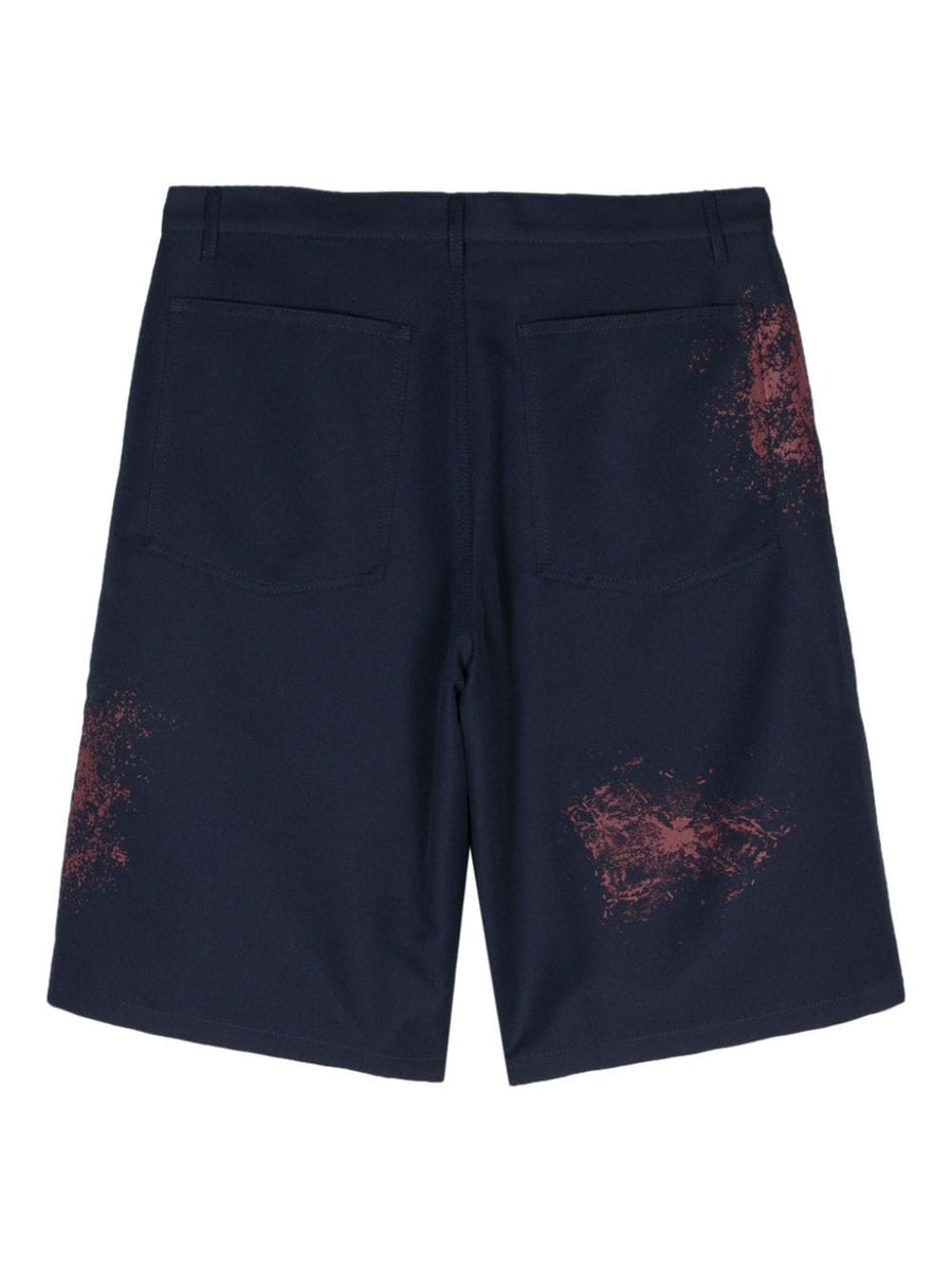 Comme Des Garcons Paint Splatter Detail Shorts Navy Twill Polyester For Men Art Inspired