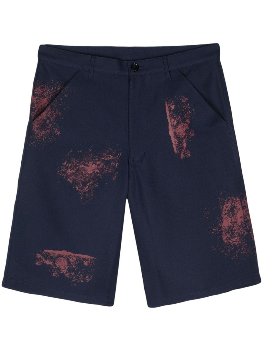 Comme Des Garcons Paint Splatter Detail Shorts Navy Twill Polyester For Men Art Inspired
