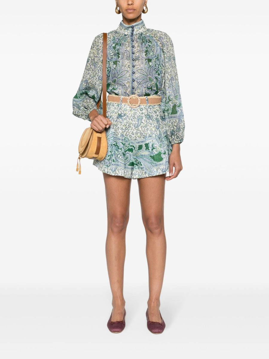 Zimmermann Ottie Tuck Linen Shorts High Waist Belted Green Paisley Resortwear For Women