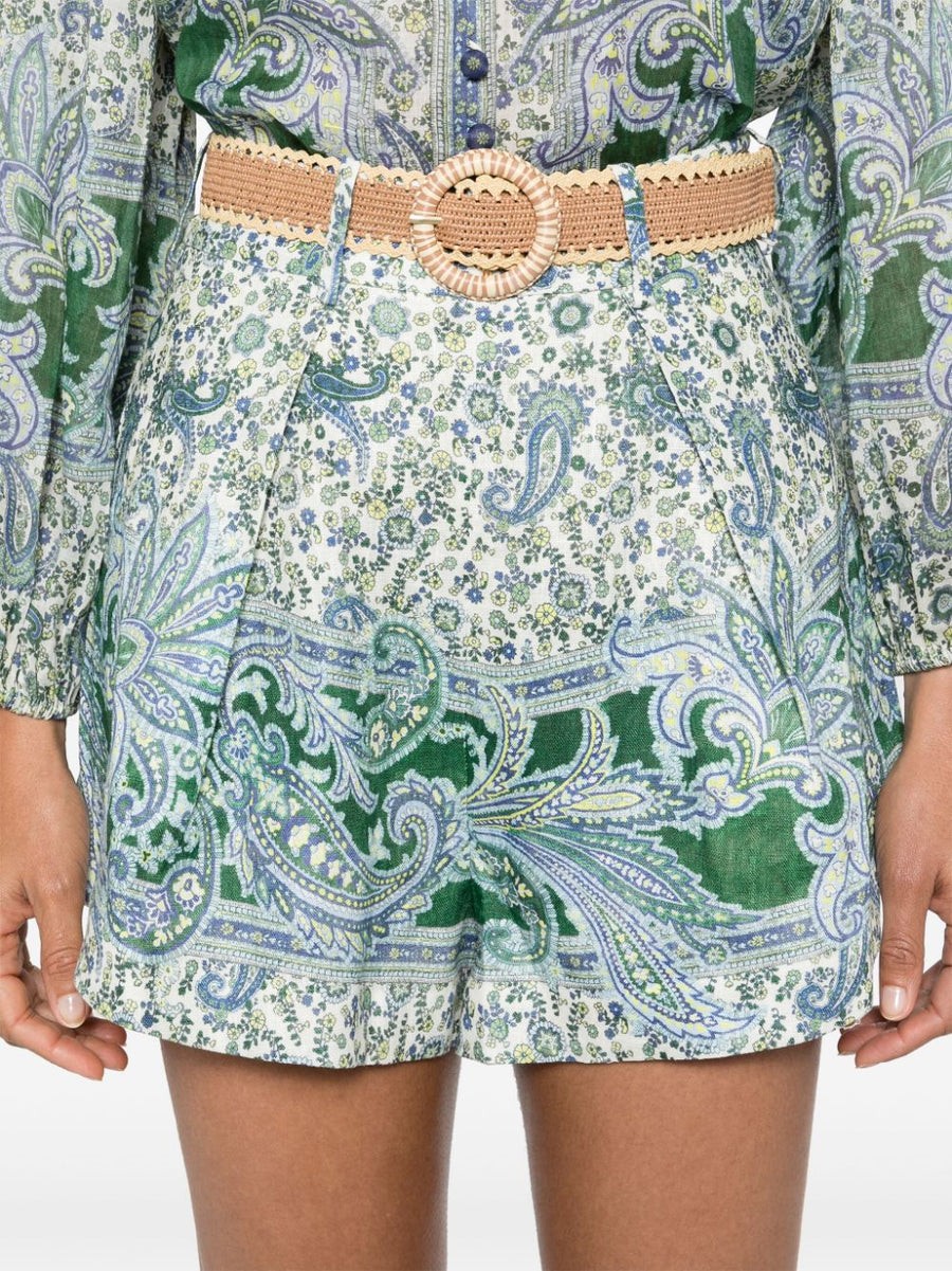 Zimmermann Ottie Tuck Linen Shorts High Waist Belted Green Paisley Resortwear For Women
